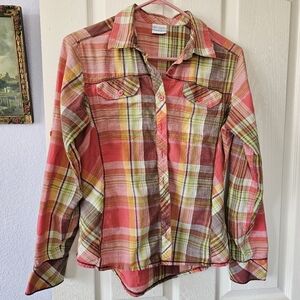 Columbia Womens Colorful Plaid Button-Up Shirt, Flaw Lower Right